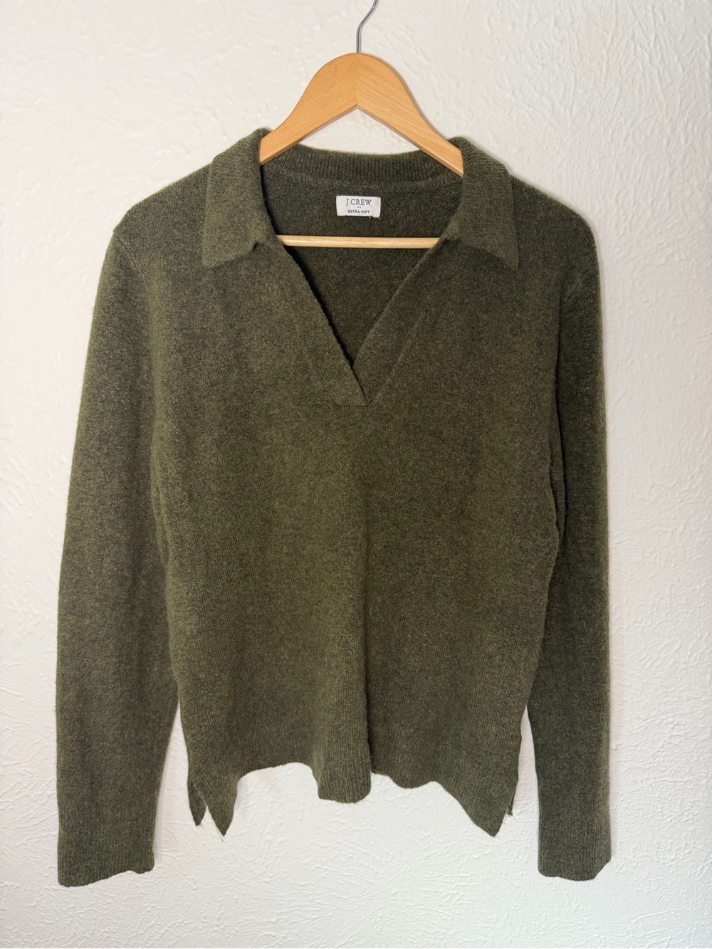 J.Crew Women M Extra Soft Olive Green Oversized Collared Polo Sweater Wool Blend